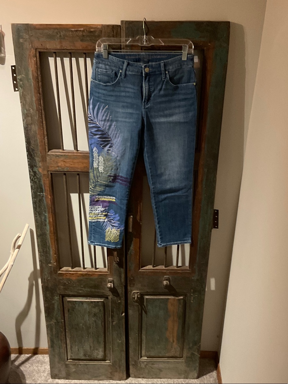 Chico's Blue Cropped Embroidered Jeans with Multicolor Stitching